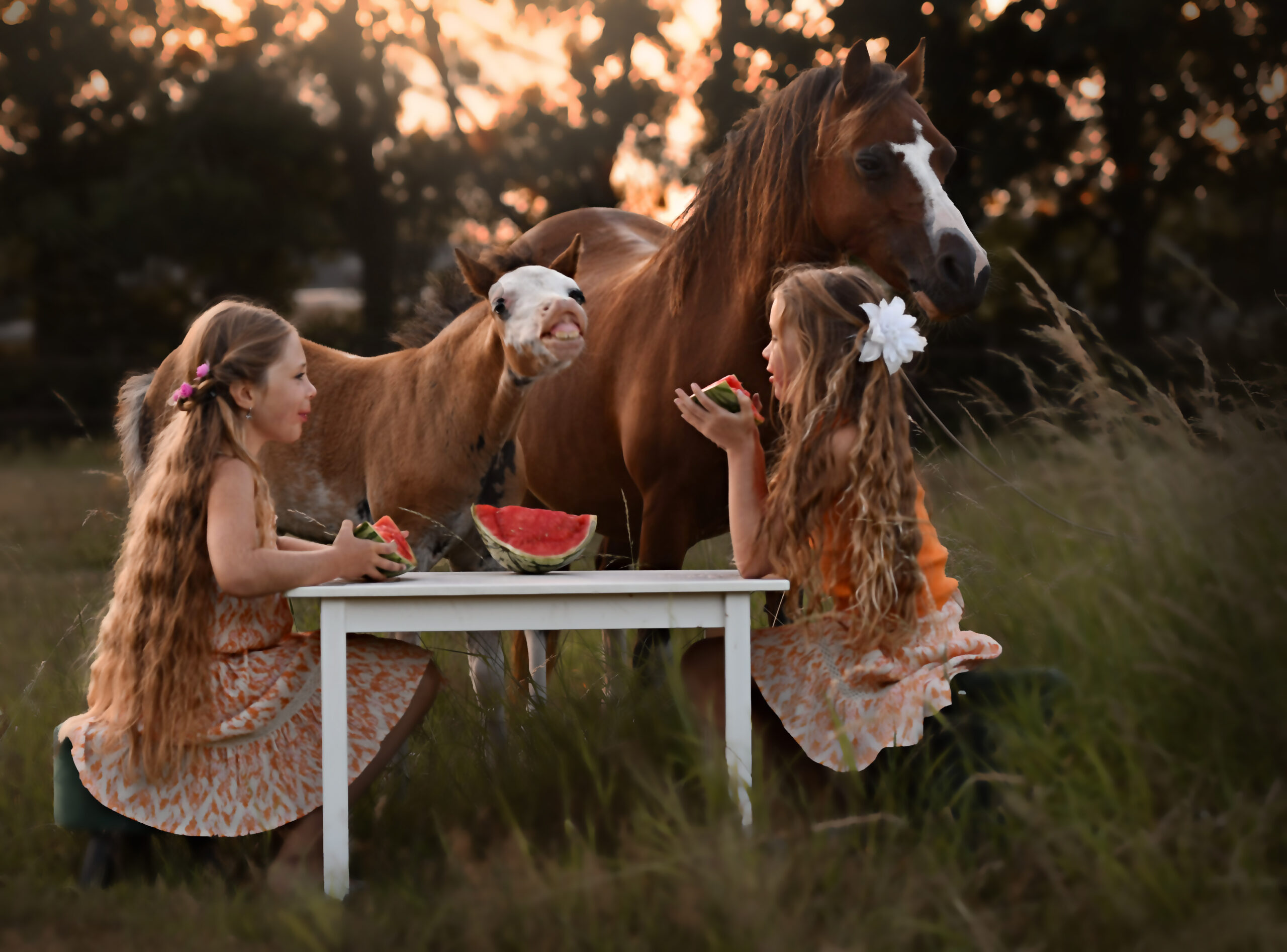 2 meiden met hun ponys picknicken in de wei
